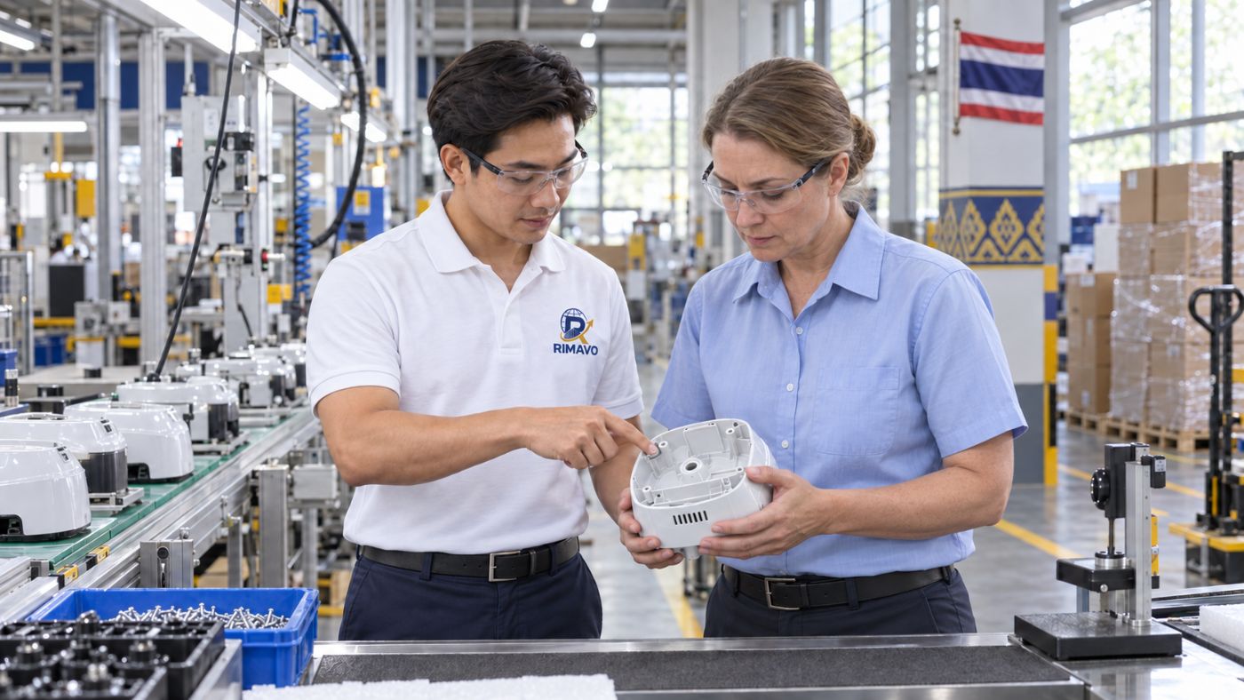 Illustrative image: trading staff reviewing a product with a partner factory engineer on the assembly line, Thailand