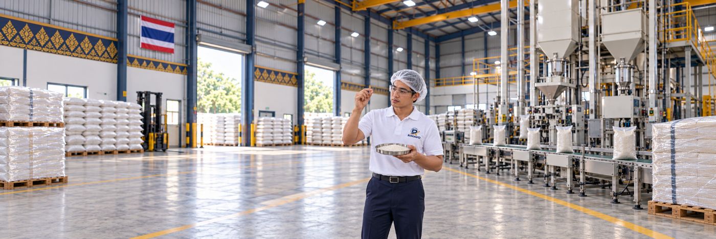 Rice quality check at a packing plant, Thailand